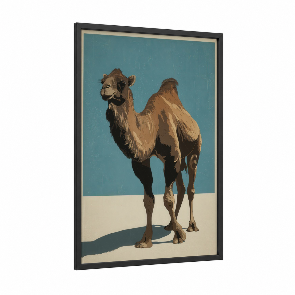 Desert Camel framed art print — black wood frame — teal palette