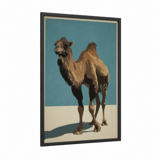Desert Camel framed art print — black wood frame — teal palette
