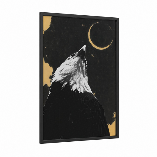 Moonlit Eagle framed art print — black wood frame — black and gold and white palette
