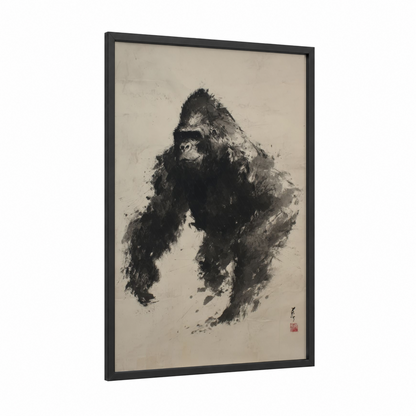 Thoughtful Gorilla framed art print — black wood frame — black and white and gray palette