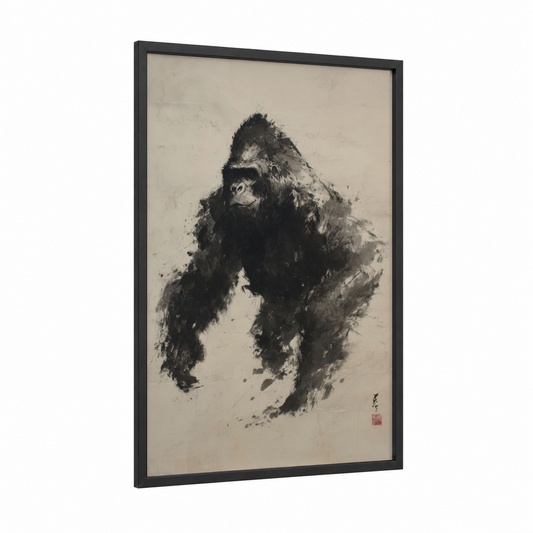 Thoughtful Gorilla framed art print — black wood frame — black and white and gray palette
