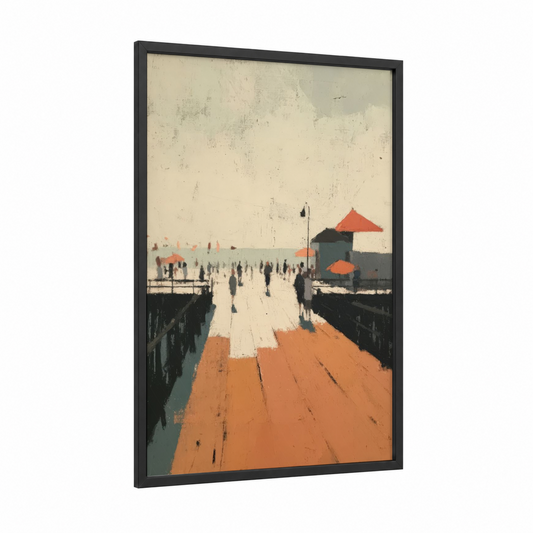 Bustling Pier Walk framed docks and piers print — black wood frame — cream and pumpkin palette