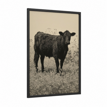 Angus in Meadow framed angus cow print — black wood frame — black and white and cream palette