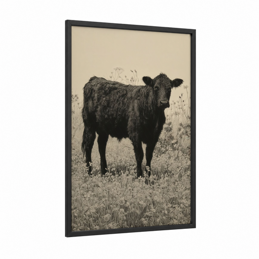 Angus in Meadow framed angus cow print — black wood frame — black and white and cream palette