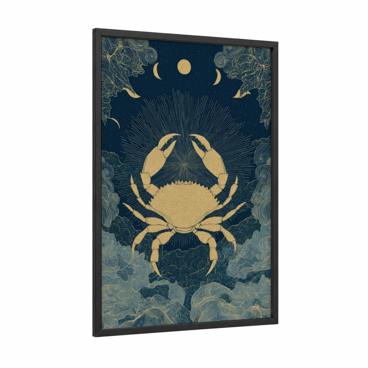 Celestial Cancer framed art print — black wood frame — gold and dark blue palette