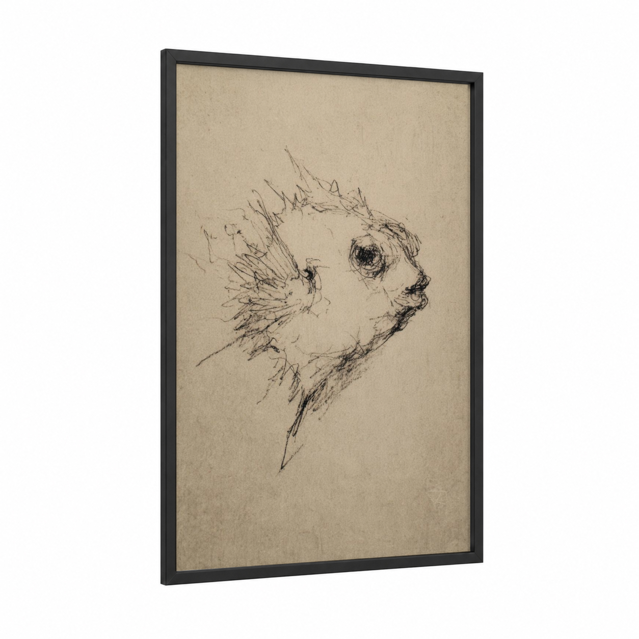 Sketched Puffer Fish framed art print — black wood frame — beige and black and white palette