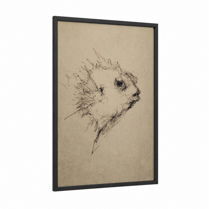 Sketched Puffer Fish framed art print — black wood frame — beige and black and white palette