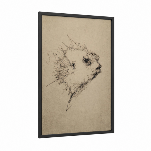 Sketched Puffer Fish framed art print — black wood frame — beige and black and white palette