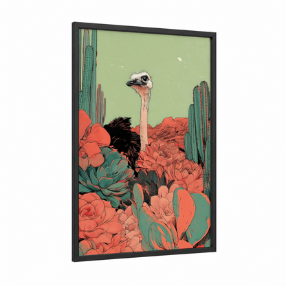 Desert Ostrich framed art print — black wood frame — sage green and pumpkin palette