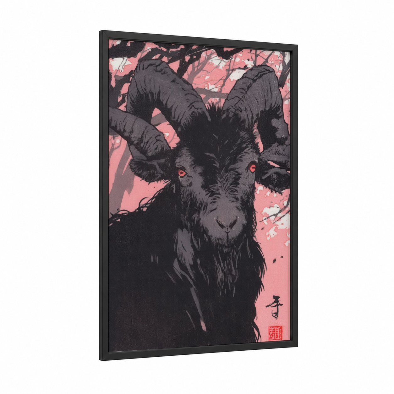 Crimson Goat framed art print — black wood frame — black and pink and pink palette