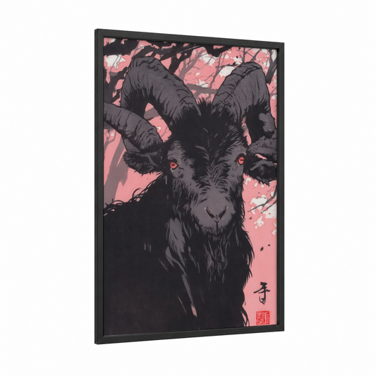 Crimson Goat framed art print — black wood frame — black and pink and pink palette