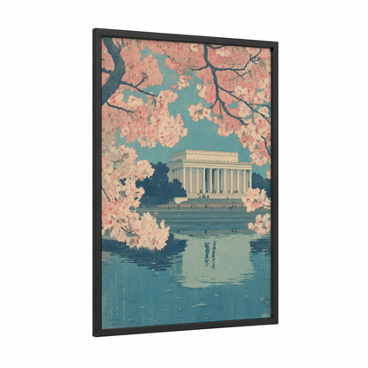 Cherry Blossom Memorial framed lincoln memorial print — black wood frame — teal and salmon pink palette
