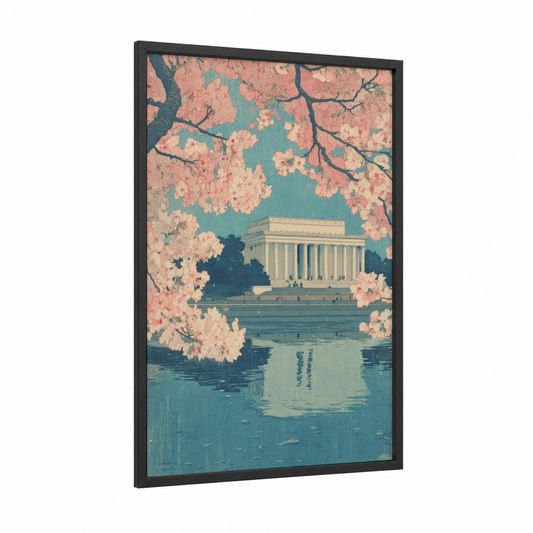 Cherry Blossom Memorial framed lincoln memorial print — black wood frame — teal and salmon pink palette
