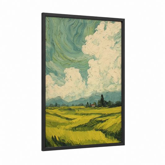 Wheatfield Dreamscape framed green field print — black wood frame — yellow gold and true green palette
