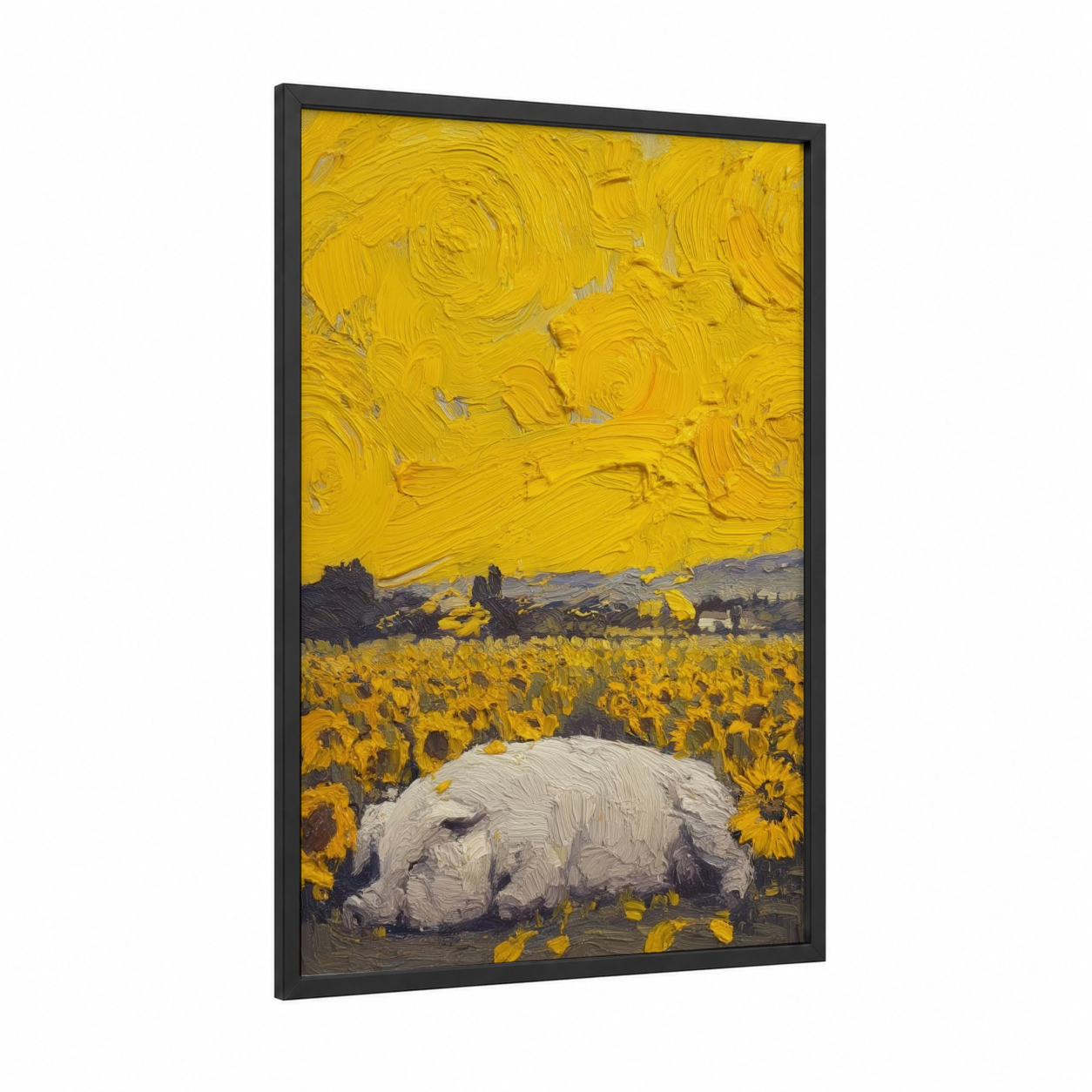 Sunflower Pig framed art print — black wood frame — yellow gold and white palette