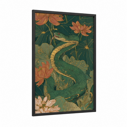 Emerald Cobra Garden framed art print — black wood frame — dark green and gold palette