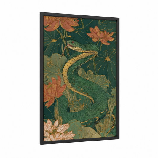 Emerald Cobra Garden framed art print — black wood frame — dark green and gold palette