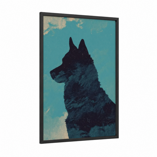 Starlit Husky framed art print — black wood frame — teal and black palette