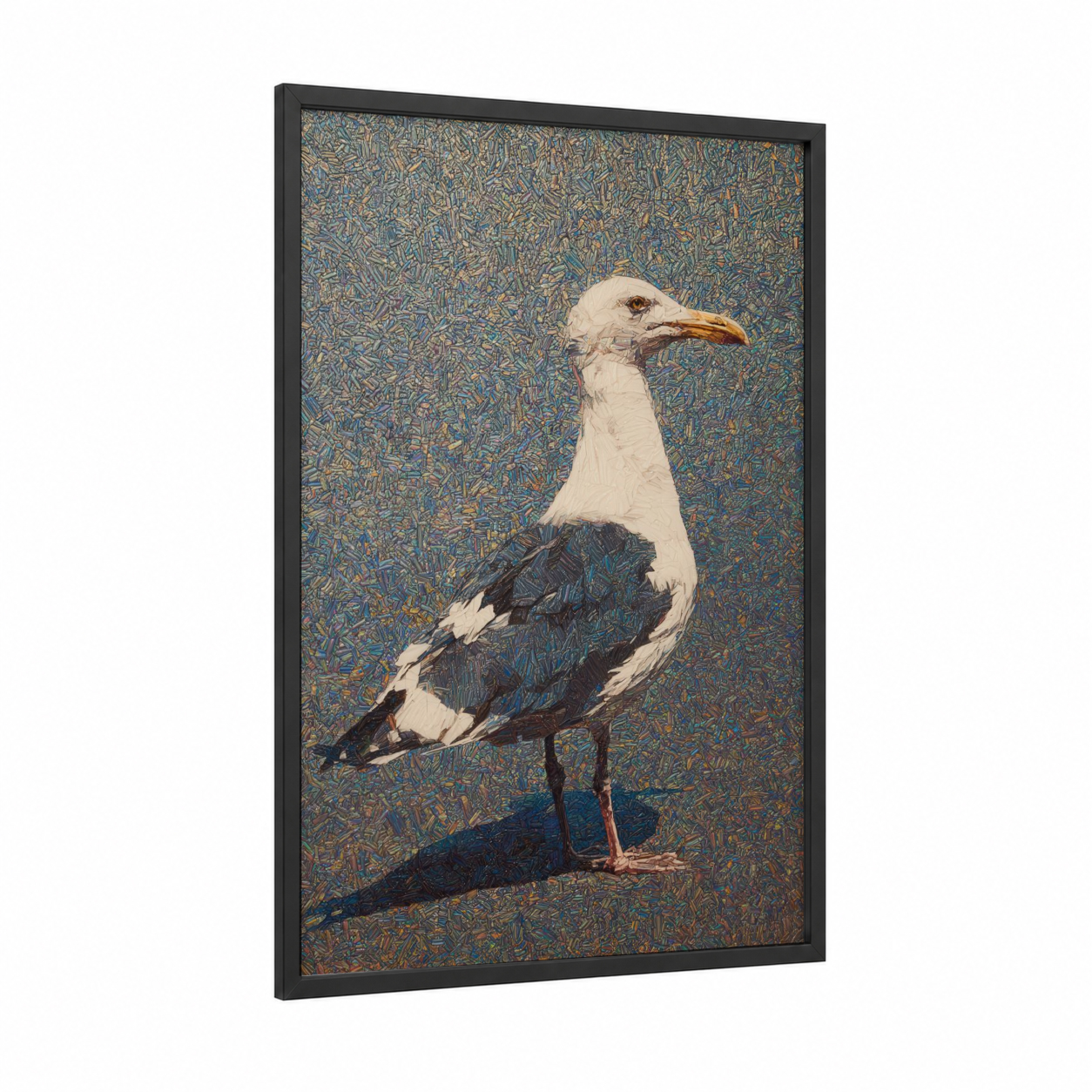 Coastal Seagull framed art print — black wood frame — blue and gold palette