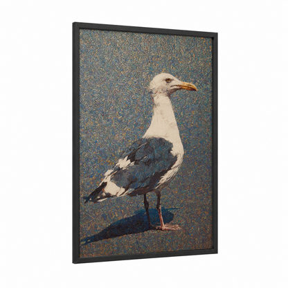 Coastal Seagull framed art print — black wood frame — blue and gold palette