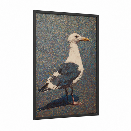 Coastal Seagull framed art print — black wood frame — blue and gold palette