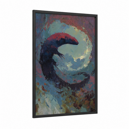 Moonlit Basilisk framed art print — black wood frame — maroon and blue palette