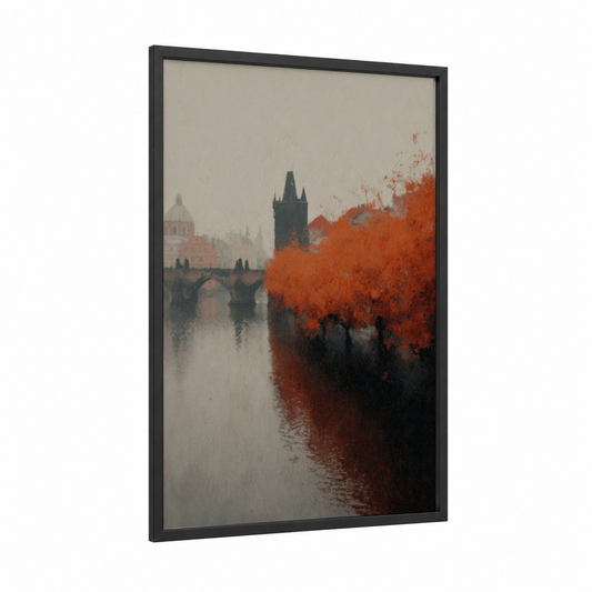 Crimson Bridge Prague framed charles bridge print — black wood frame — red and gray palette