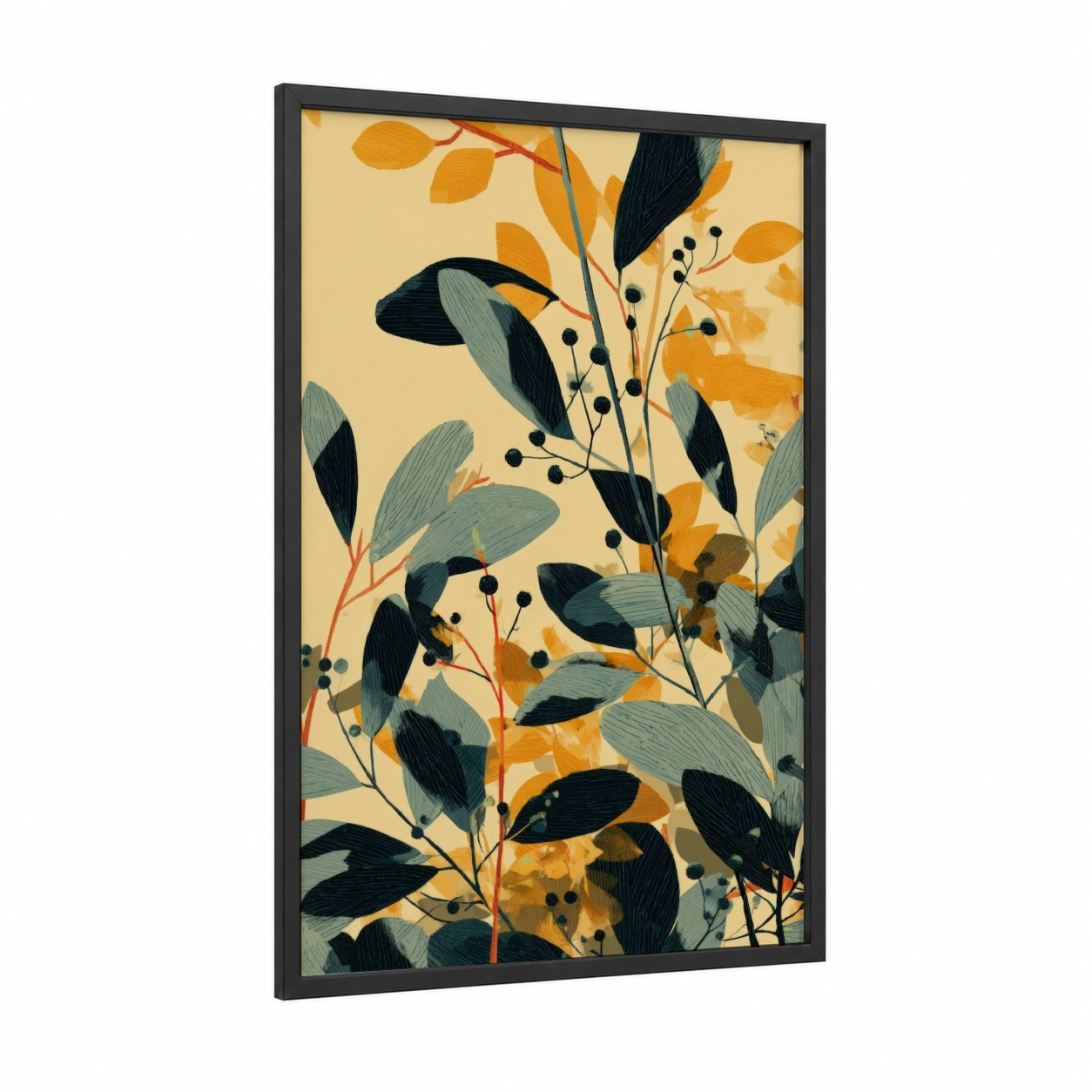 Golden Juniper framed juniper tree print — black wood frame — gold and sage green palette