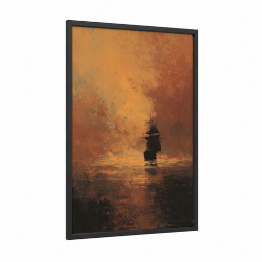 Golden Horizon Ship framed old ships print — black wood frame — gold and russet palette