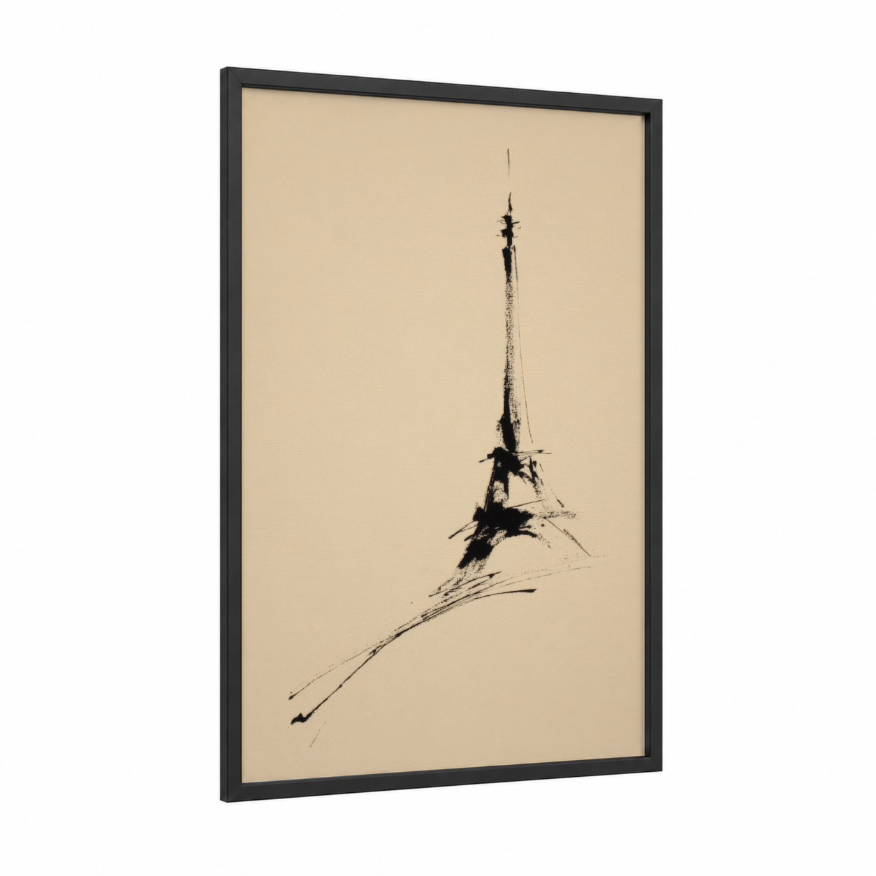 Minimalist Eiffel Tower framed art print — black wood frame — beige and black palette