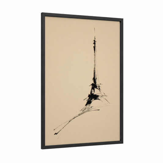 Minimalist Eiffel Tower framed art print — black wood frame — beige and black palette
