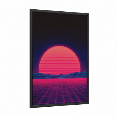 Neon Sunset Horizon framed the sun print — black wood frame — magenta and black palette