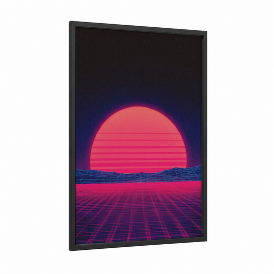 Neon Sunset Horizon framed the sun print — black wood frame — magenta and black palette