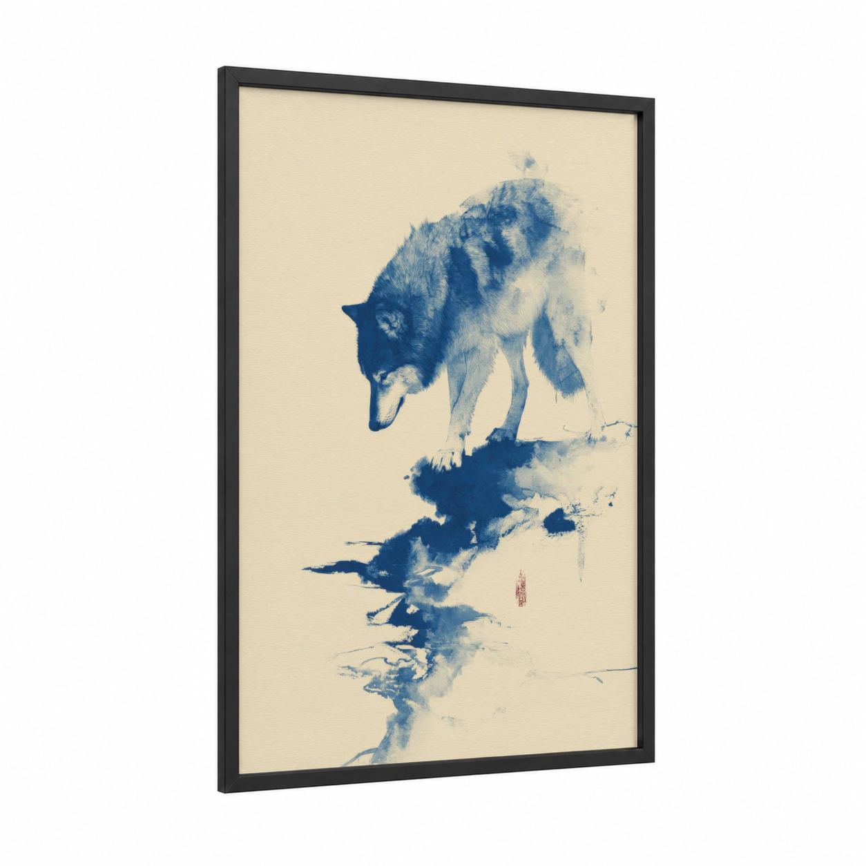 Howling Wolf framed art print — black wood frame — blue and white and cream palette