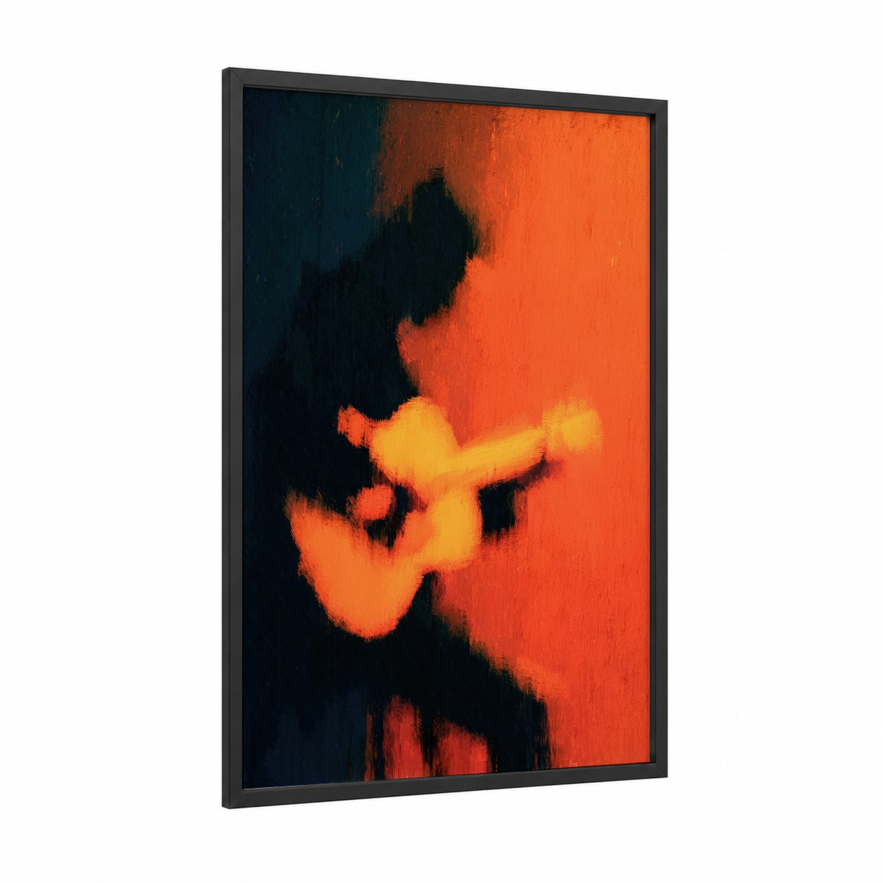 Fiery Acoustic framed acoustic guitar print — black wood frame — orange and black palette
