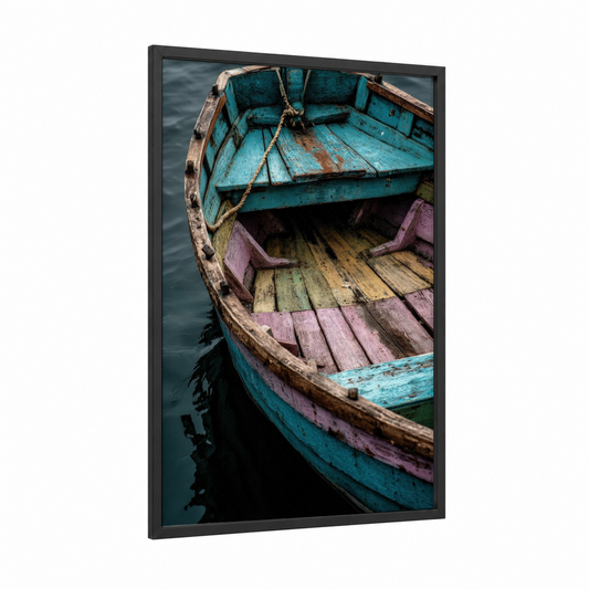 Weathered Rowboat framed art print — black wood frame — teal and mauve palette
