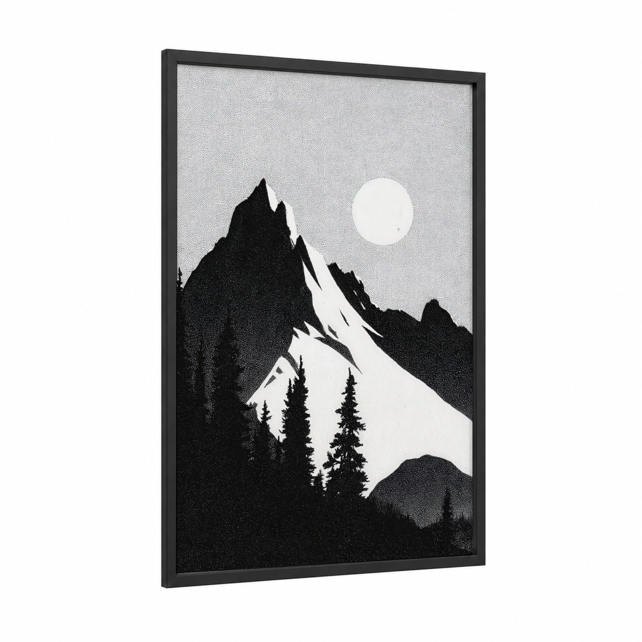 Moonlit Mountain Peak framed snowy mountains print — black wood frame — black and white palette