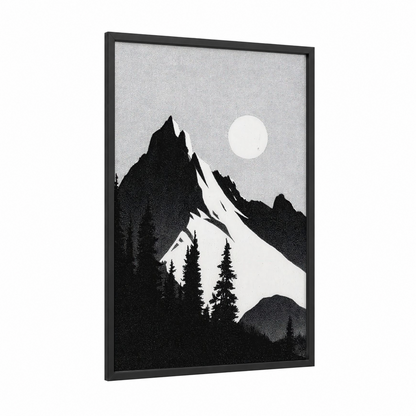 Moonlit Mountain Peak framed snowy mountains print — black wood frame — black and white palette