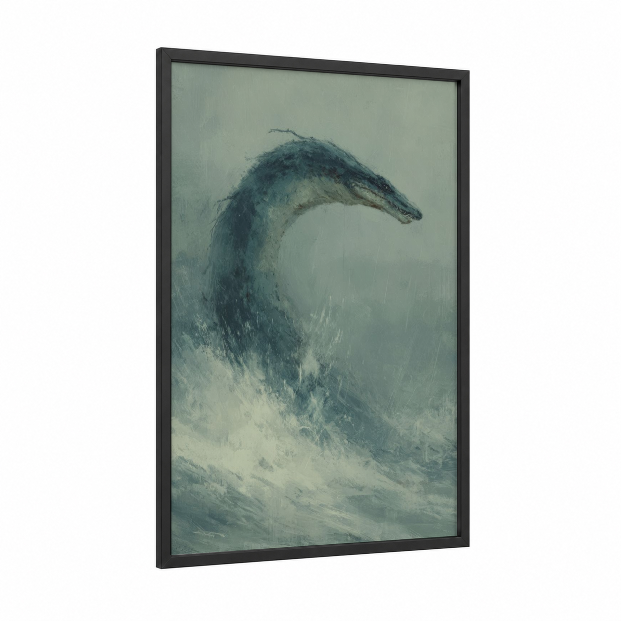 Misty Loch Creature framed loch ness monster print — black wood frame — gray and blue and white palette