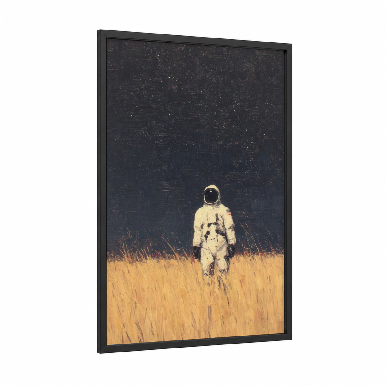 Wheat Field Astronaut framed art print — black wood frame — gold and black palette