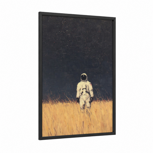 Wheat Field Astronaut framed art print — black wood frame — gold and black palette