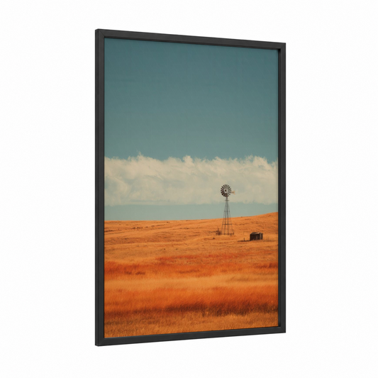 Rustic Windmill framed windmills print — black wood frame — orange and turquoise palette