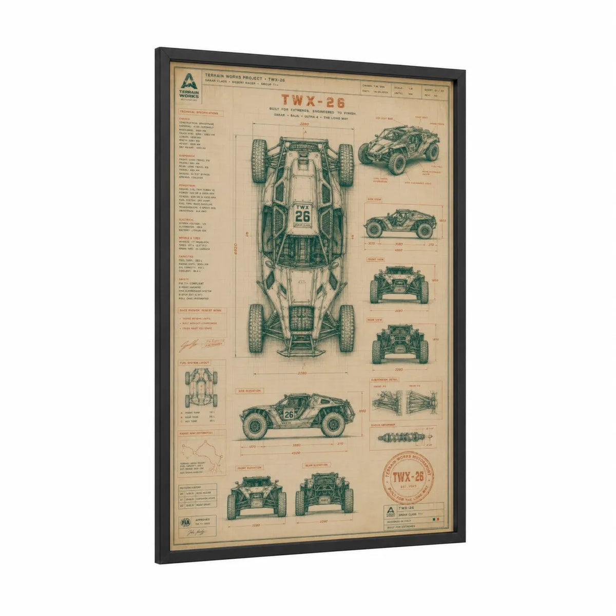 Off-Road Racing Vehicle Blueprint Wall Art framed car print — black wood frame — beige and dark green palette
