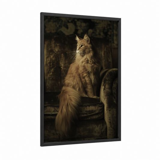 Contemplative Tabby framed cat print — black wood frame — brown and black palette