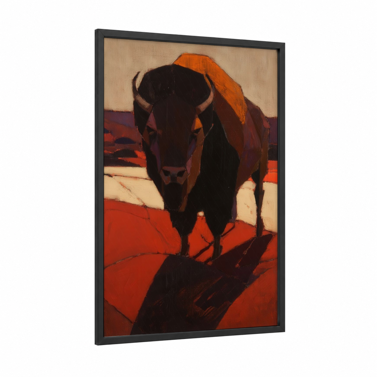 Desert Bison framed art print — black wood frame — red and orange palette