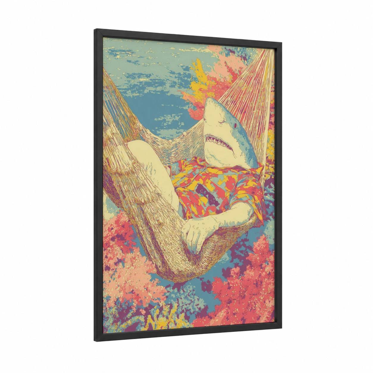 Relaxing Shark framed sand tiger shark print — black wood frame — blue and gold palette