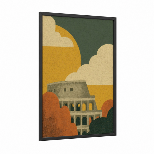 Golden Colosseum framed art print — black wood frame — gold and sage green palette