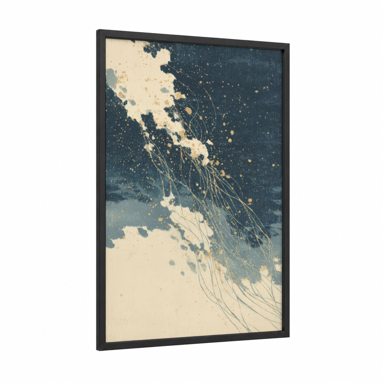 Cosmic Jellyfish framed nebula print — black wood frame — dark blue and gold and white palette