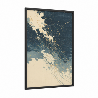 Cosmic Jellyfish framed nebula print — black wood frame — dark blue and gold and white palette