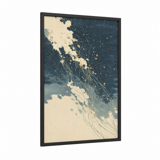 Cosmic Jellyfish framed nebula print — black wood frame — dark blue and gold and white palette